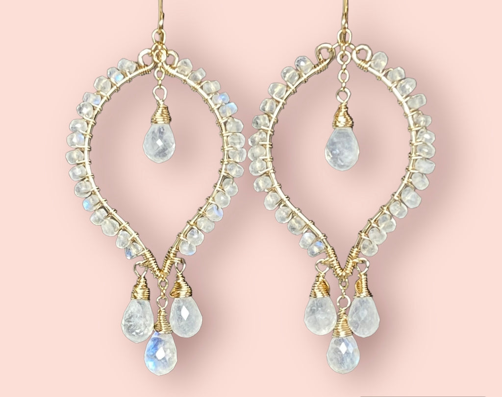 Rainbow Moonstone Statement Chandelier Earrings in 14 kt Gold Fill