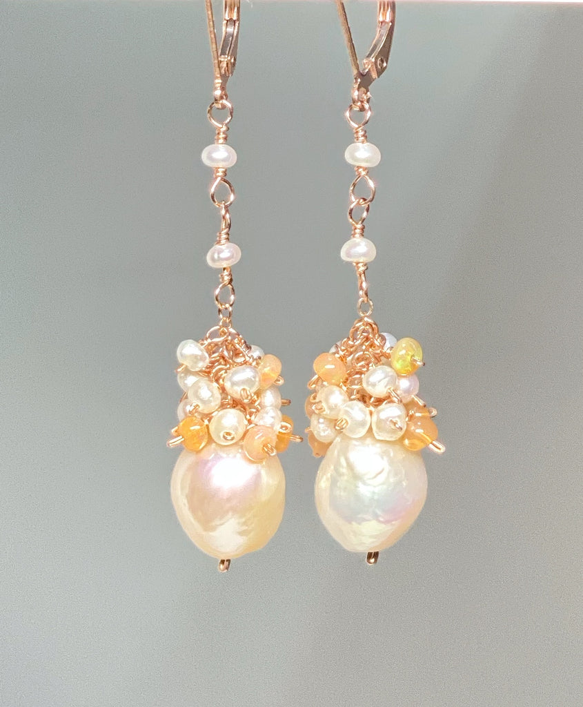 Blush Pearl Opal Cluster Long Earrings, Rose Gold, Sterling Silver, 14 kt Gold Fill