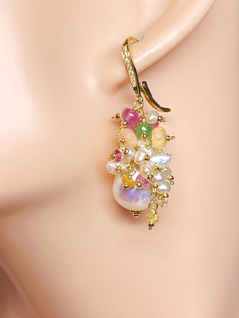 Baroque Edison Pearl and Opal Statement Earrings with Sapphire, Tsavorite