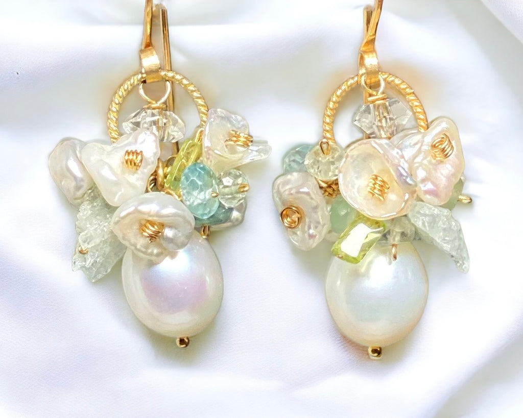ivory baroque pearls with clusters of raw aquamarine,blue zircon, peridot and keishi pearls with Herkimer diamond quartz on gold fill
