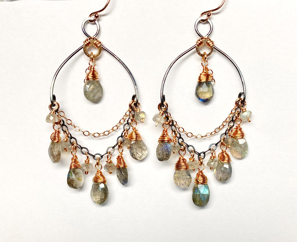 Labradorite Mixed Metal Boho Chandelier Hoop Earrings
