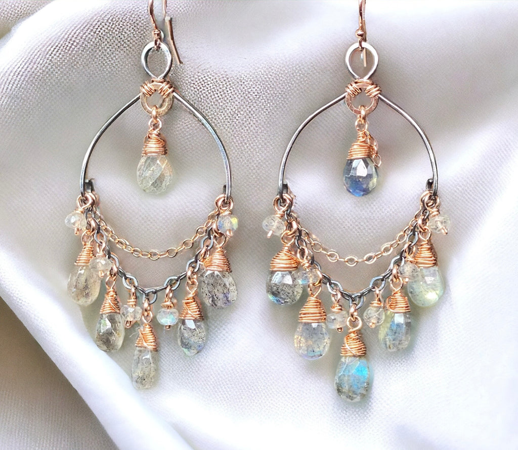 Labradorite Mixed Metal Boho Chandelier Hoop Earrings