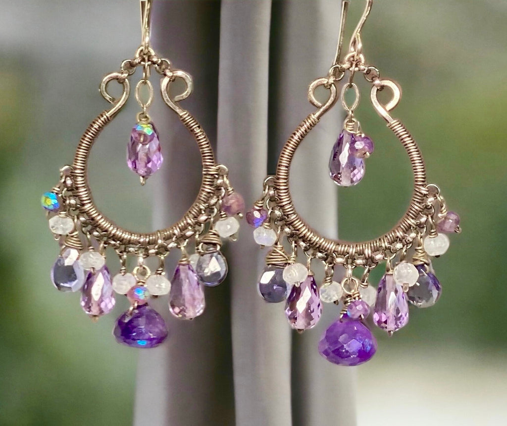 Blue Violet Oxidized Silver Hoop Chandelier Earrings Iolite, Lavender, Purple Amethyst