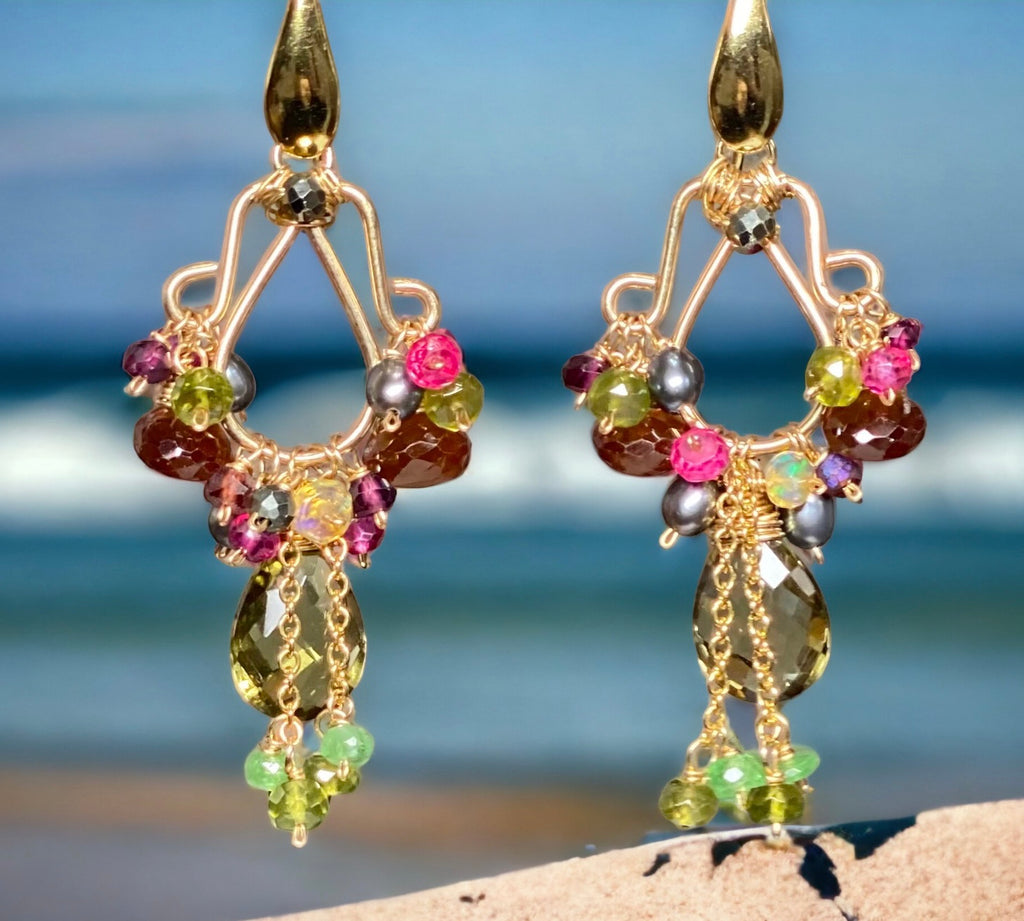 Garnet and Olive Green Gemstone Chandelier Earrings Gold
