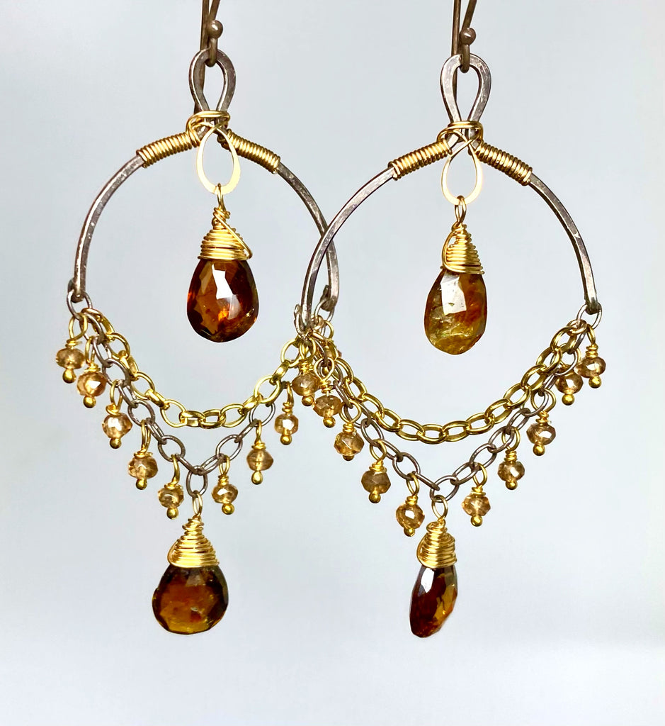 Petrol Tourmaline and Oxidized Silver Gold Earrings