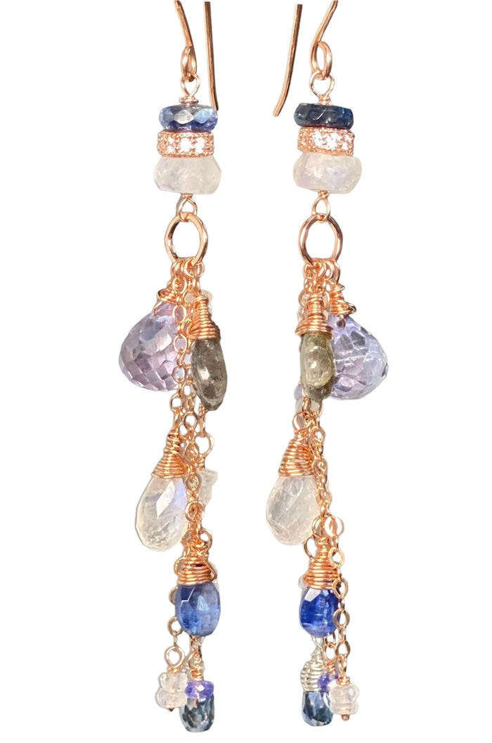 Rainbow Moonstone, Labradorite, Kyanite, Rose Gold Long Boho Earrings Blue White