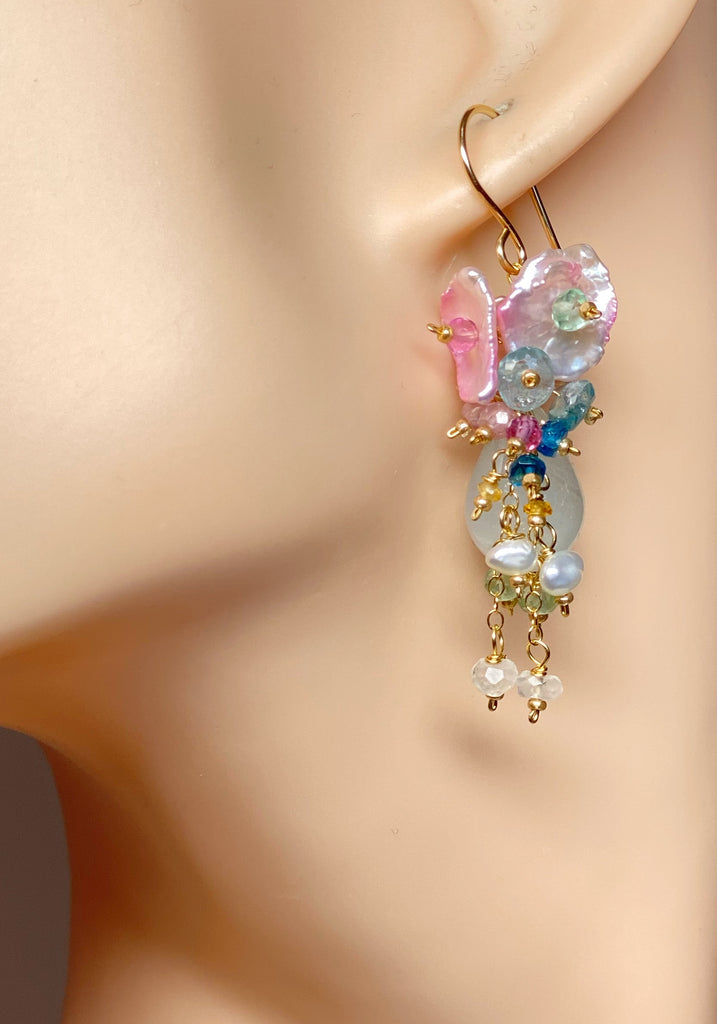 Aquamarine, Pink Keishi Pearl and Pastel Gemstone Wedding Earrings - Doolittle