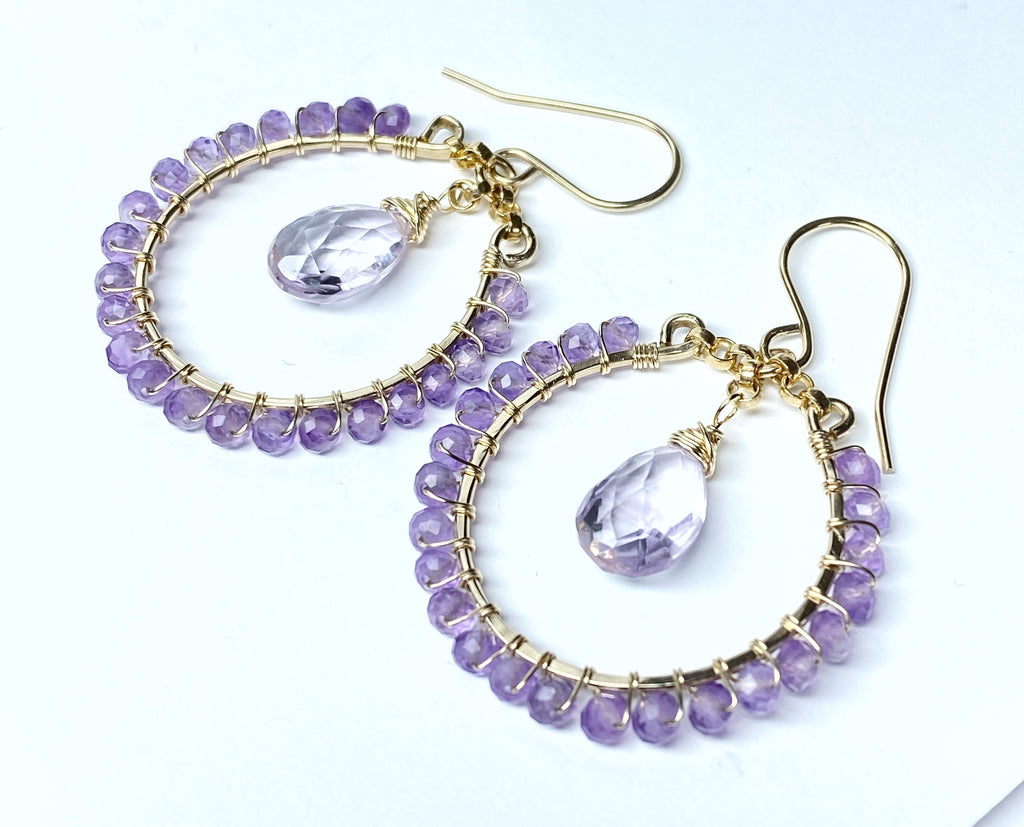 Lavender Pink Amethyst Chandelier Hoop Earrings, Gold Fill