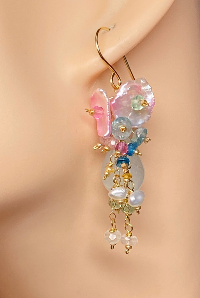 Aquamarine, Pink Keishi Pearl and Pastel Gemstone Wedding Earrings - Doolittle