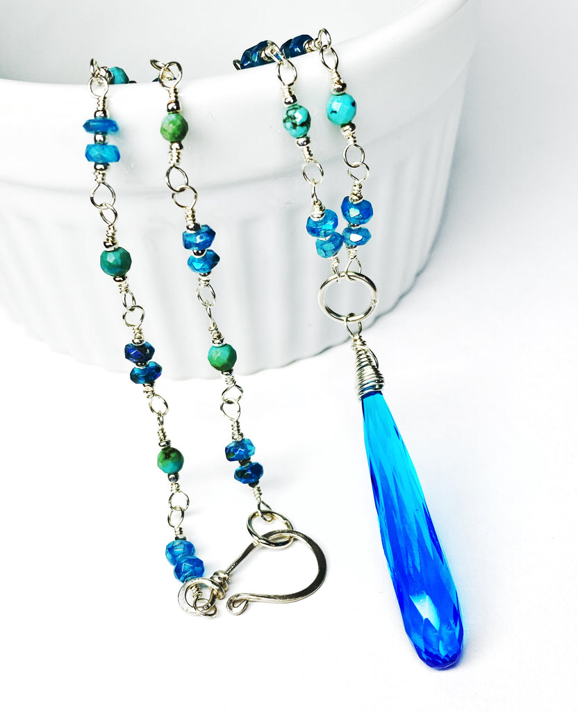 Dainty Necklace Wire Wrap Rosary Style: Swiss Blue Quartz Pendant, Blue Green Gems, Sterling Silver