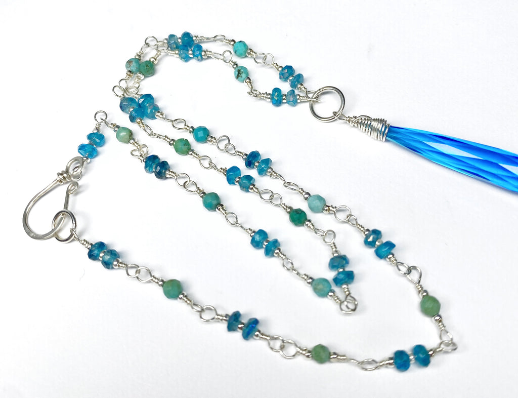 Dainty Necklace Wire Wrap Rosary Style: Swiss Blue Quartz Pendant, Blue Green Gems, Sterling Silver