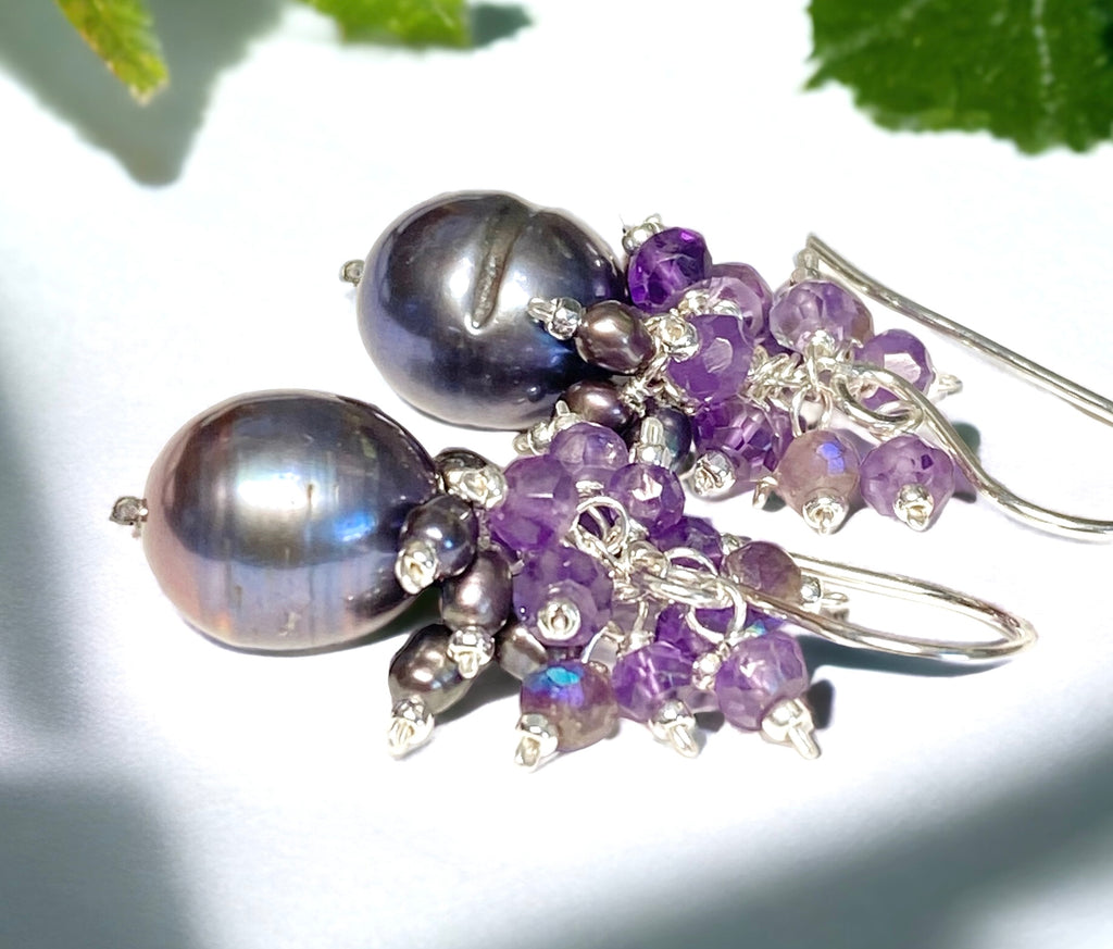 Peacock Pearl Earrings with Amethyst Gemstone Clusters in Sterling Silver