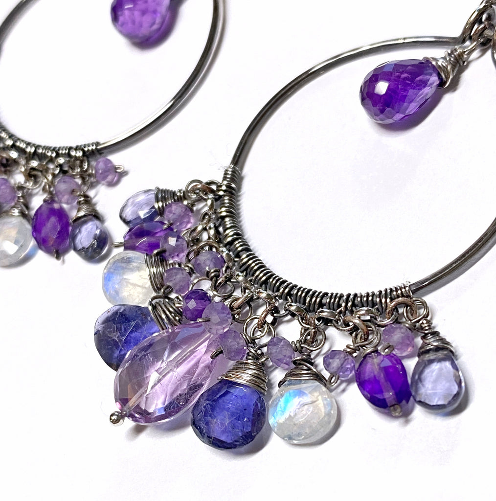 Blue Purple Gemstone Chandelier Hoop Earrings Oxidized Silver 3
