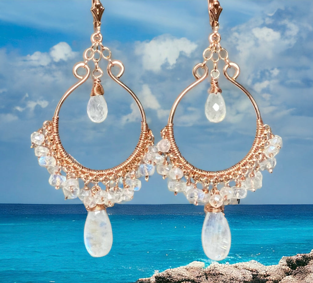 Rainbow Moonstone Rose Gold Hoop Chandelier Earrings