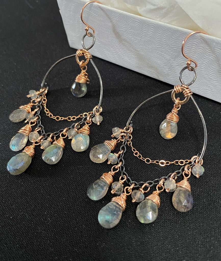 Labradorite Mixed Metal Boho Chandelier Hoop Earrings