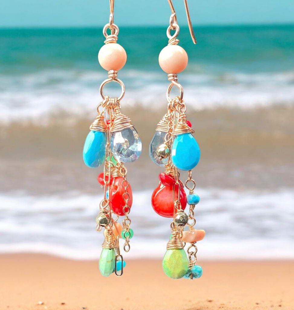 Turquoise Red Coral Rose Gold Long Boho Dangle Earrings