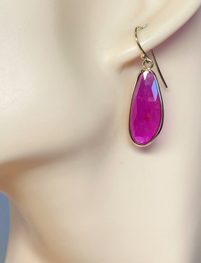 Rose Cut Ruby Dangle Earrings in 14k Gold