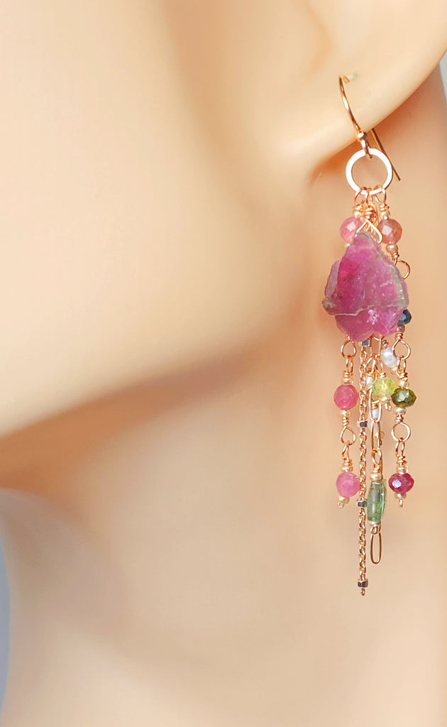 Watermelon Tourmaline Slice Rose Gold Dangle Earrings