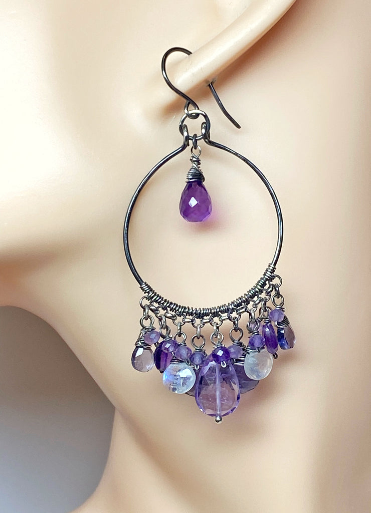 Blue Purple Gemstone Chandelier Hoop Earrings Oxidized Silver 3