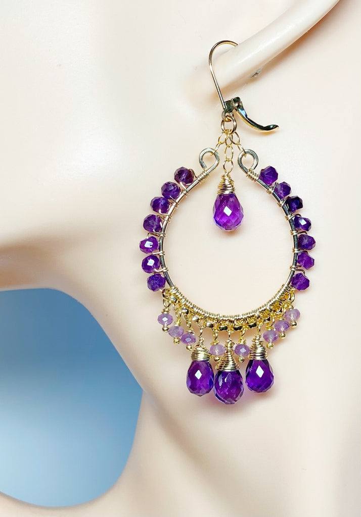 Amethyst Gold Fill Hoop Chandelier Earrings