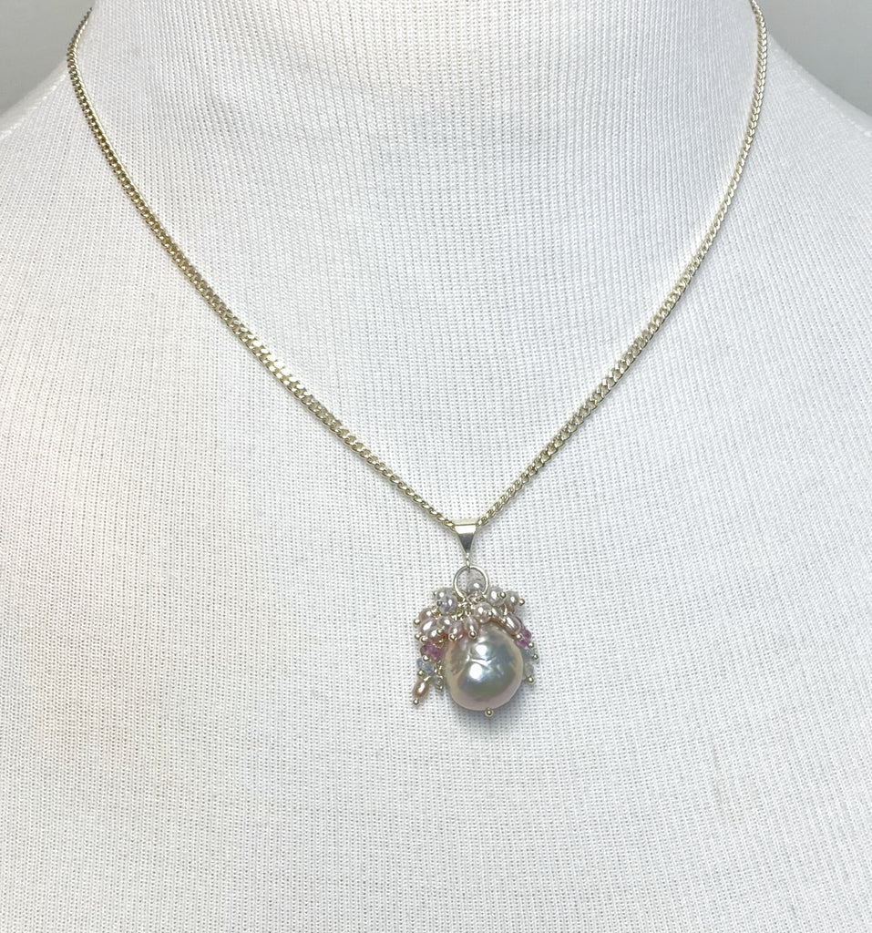 Silver Grey Baroque Pearl Cluster Pendant in Sterling Silver