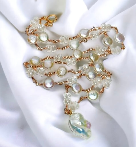 Rose Gold Ivory Baroque Pearl Mystic Moonstone Long Sautoir Rosary Necklace