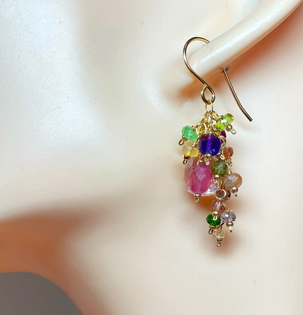 Crystal Quartz Dangle Earrings with Multi Gemstone Cluster in Gold Fill, 12