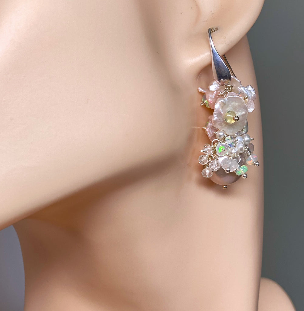Pink Pearl Blush Keishi and Opal Cluster Earrings in Sterling Silver