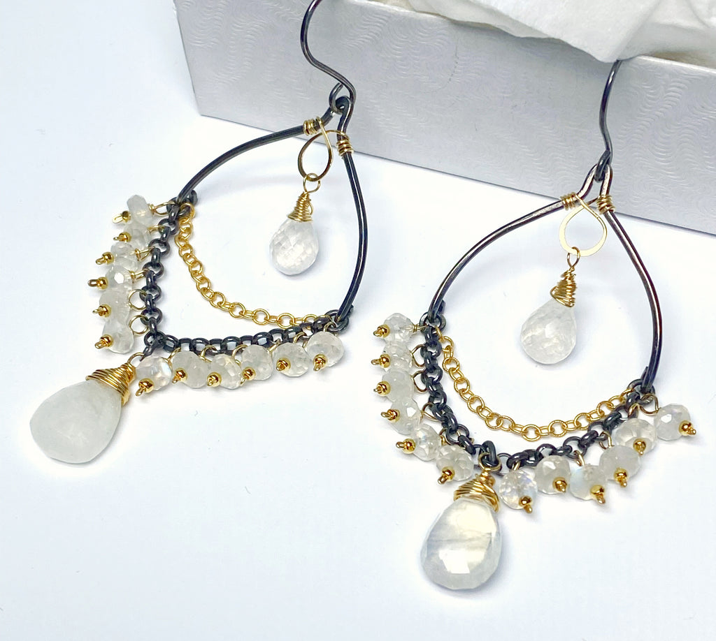 Rainbow Moonstone Mixed Metal Chandelier Earrings