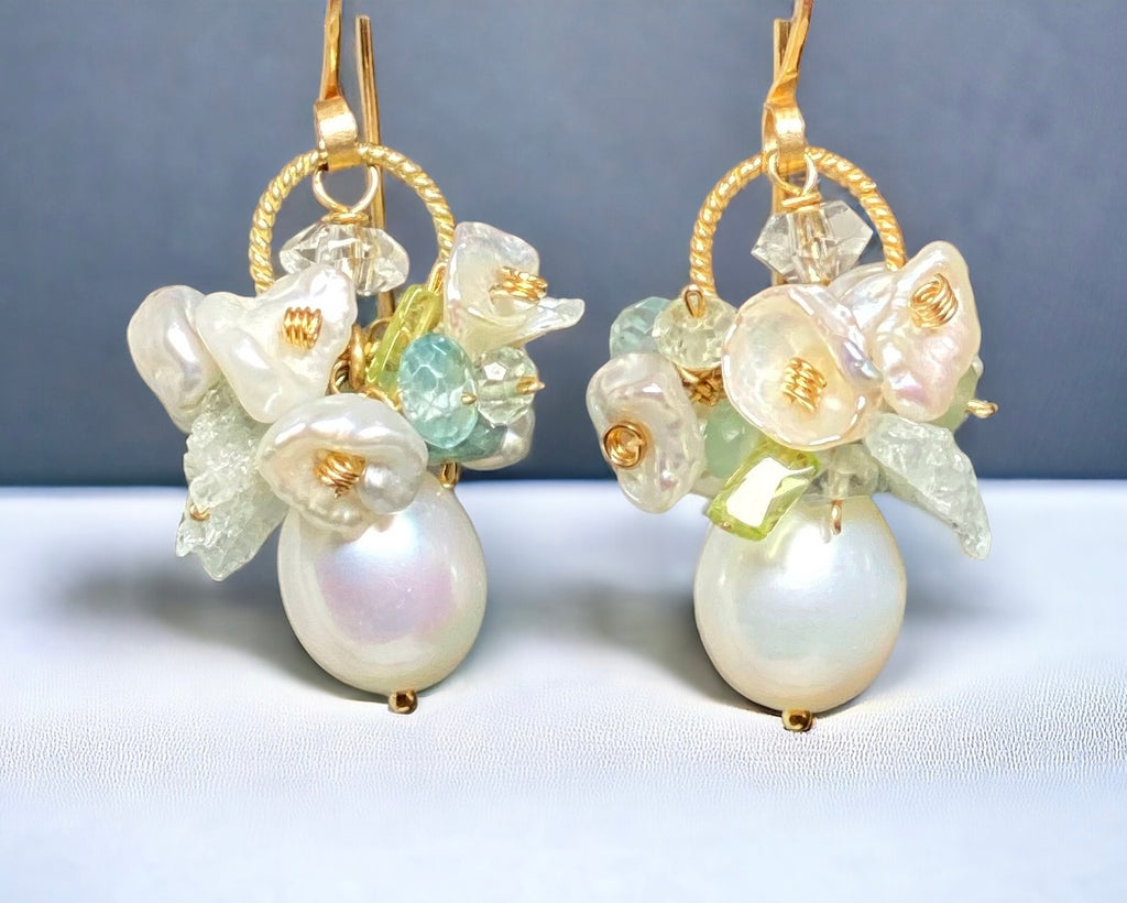 Ivory Baroque Pearl Earrings Clusters of Aquamarine, Peridot, Herkimer Diamond Quartz