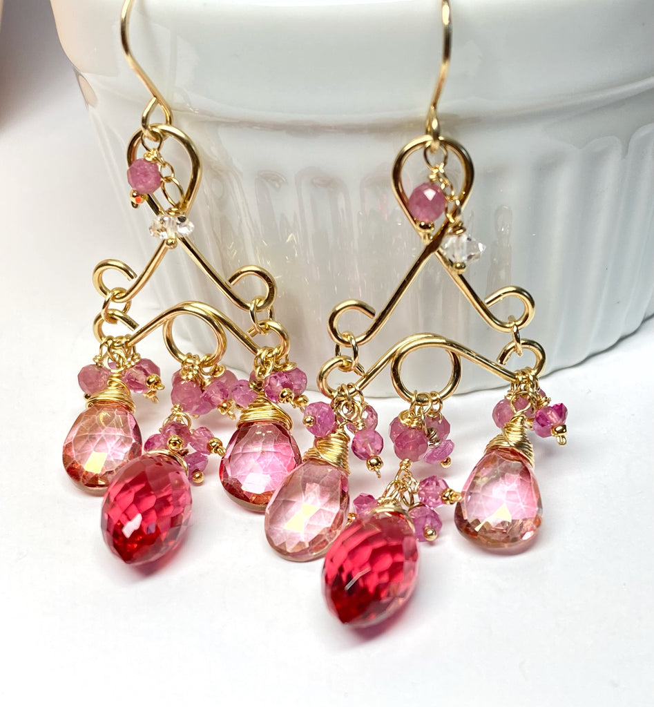Pink Tourmaline Chandelier Earrings in Gold Fill