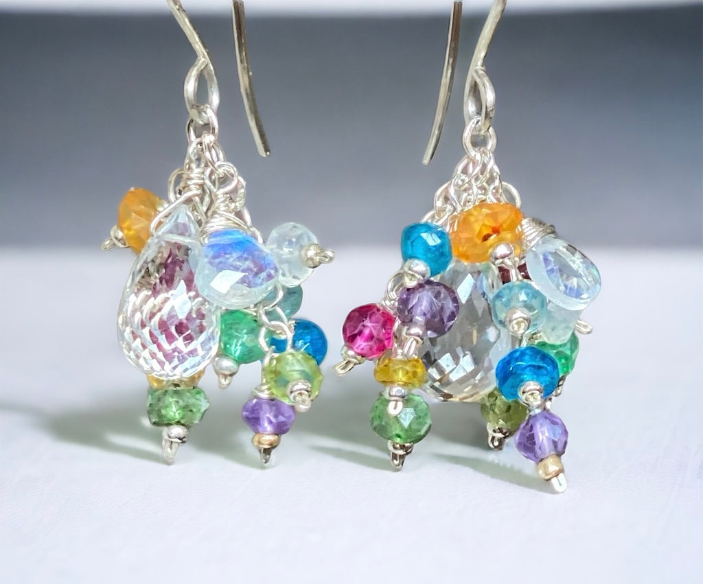 Crystal Quartz Dangle Earrings with Multi Gemstone Cluster Sterling Silver 9