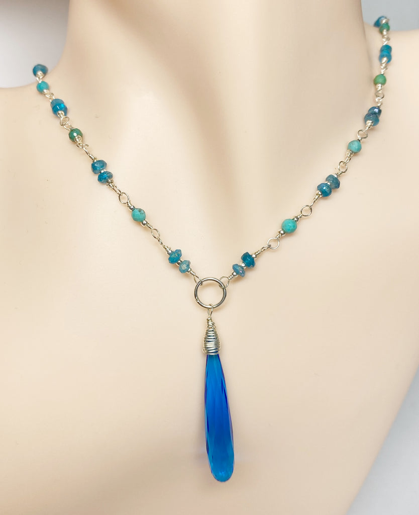 Dainty Necklace Wire Wrap Rosary Style: Swiss Blue Quartz Pendant, Blue Green Gems, Sterling Silver
