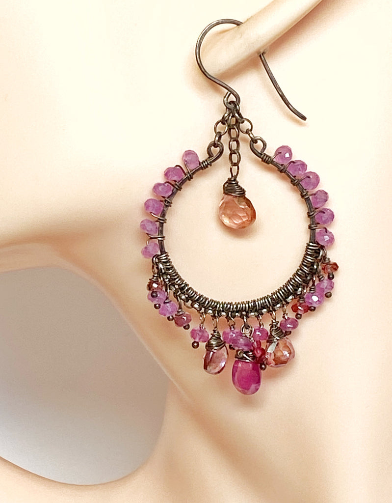 Pink Sapphire Chandelier Hoop Earrings in Oxidized Sterling Silver