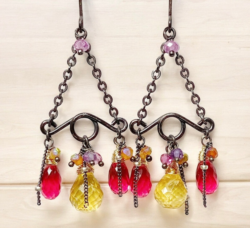 Pink, Fuchsia, Citrine Gemstone Handmade Chandelier Earrings Mixed Metal Oxidized Silver