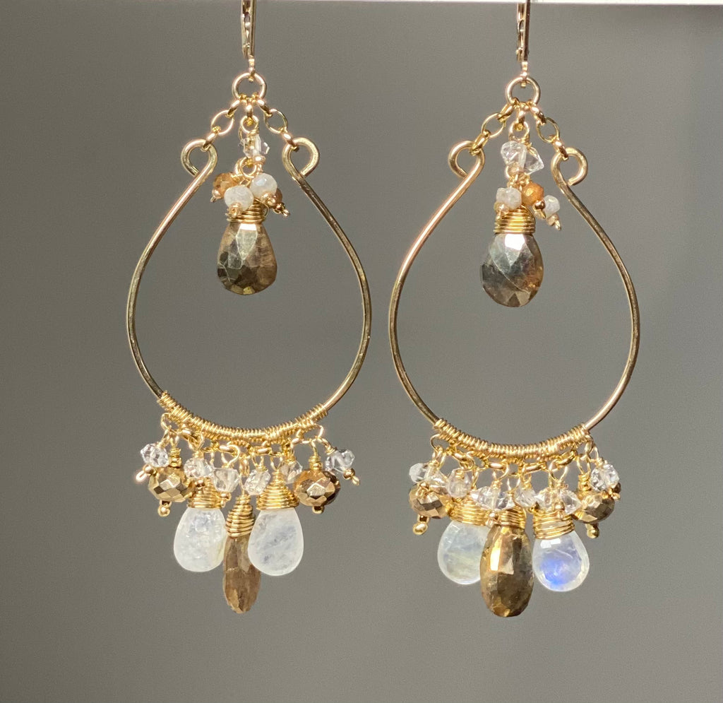 Rainbow Moonstone Gold Chandelier Hoop Earrings Herkimer Diamond