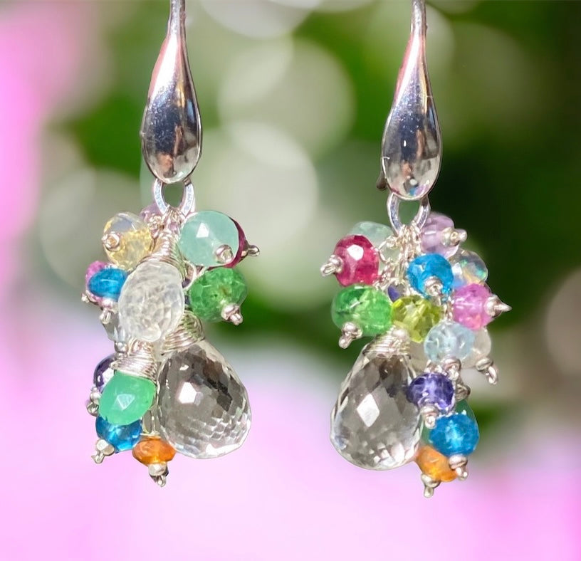 Crystal Quartz Dangle Earrings with Multi Gemstone Cluster Sterling Silver 4