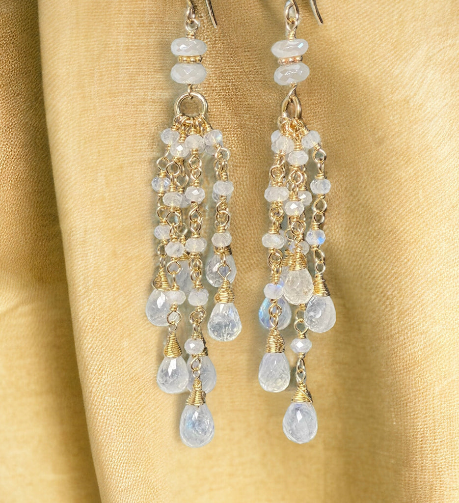 Rainbow Moonstone Tassel Earrings Gold