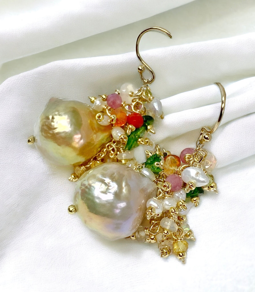 Gold and White Baroque Pearl and Gemstone Cluster Earrings, Pond-slime