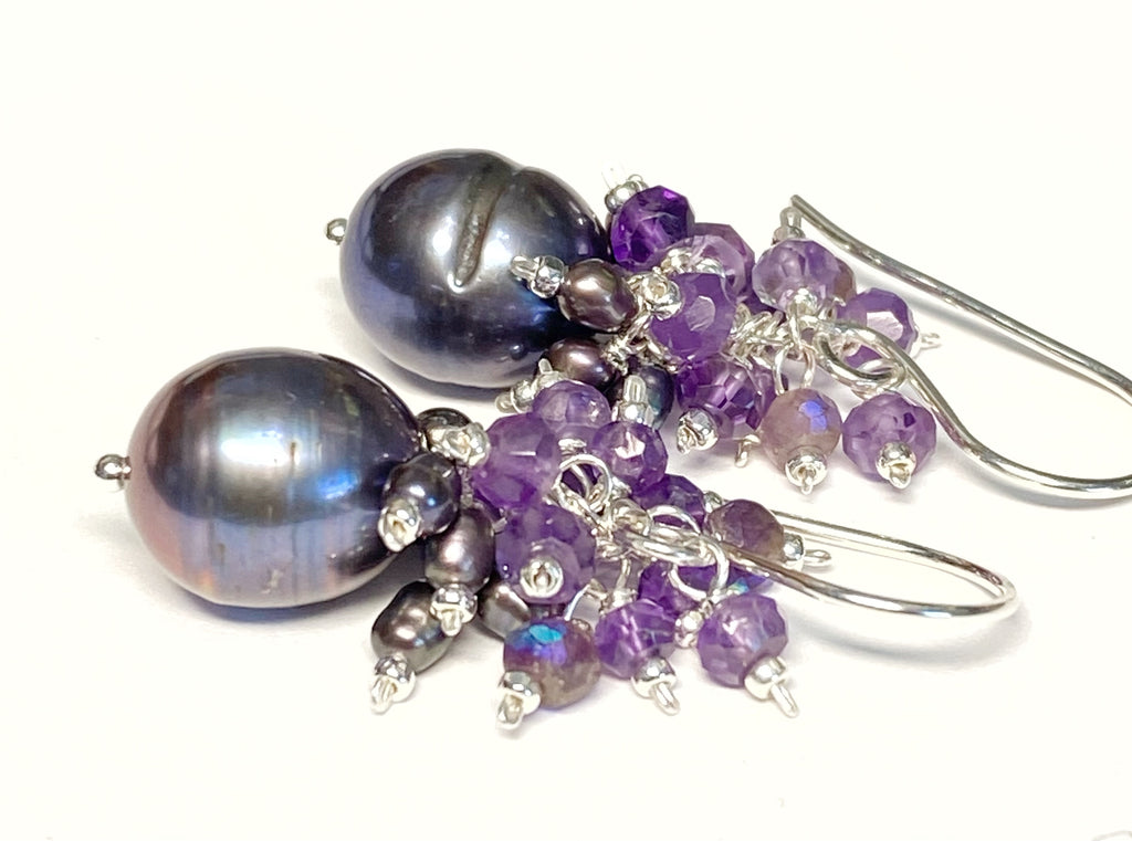 Peacock Pearl Earrings with Amethyst Gemstone Clusters in Sterling Silver