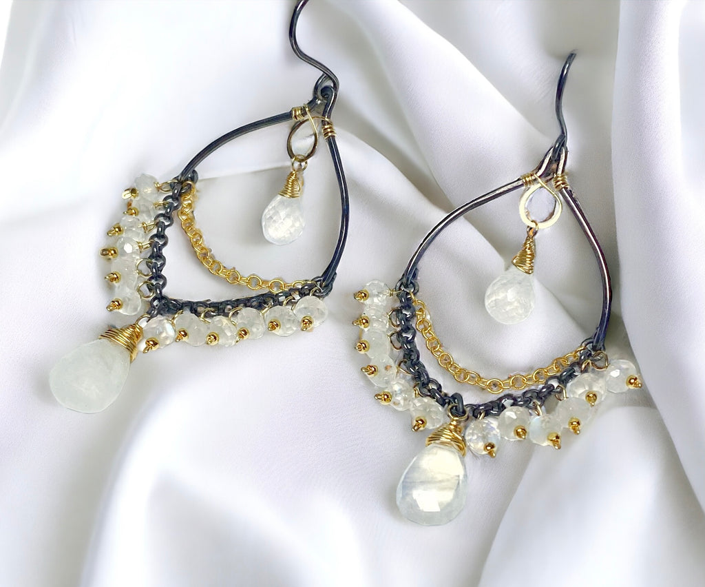 Rainbow Moonstone Mixed Metal Chandelier Earrings