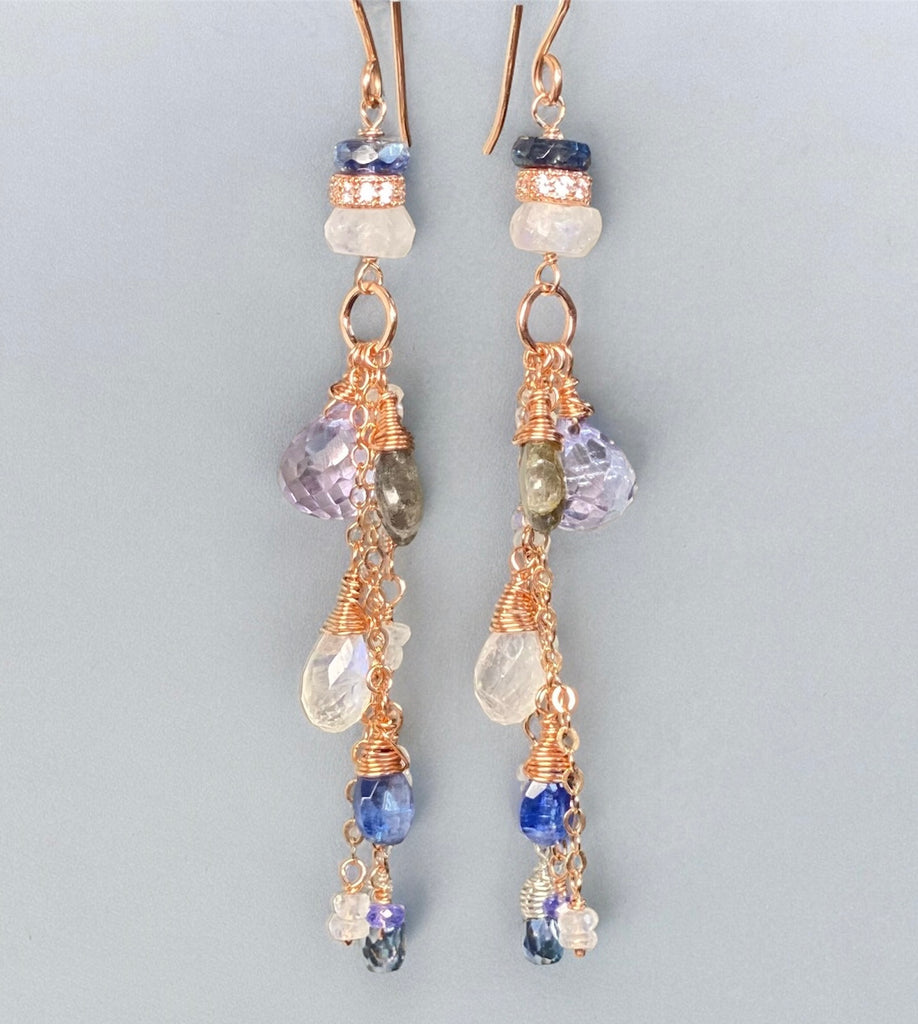 Rainbow Moonstone, Labradorite, Kyanite, Rose Gold Long Boho Earrings Blue White