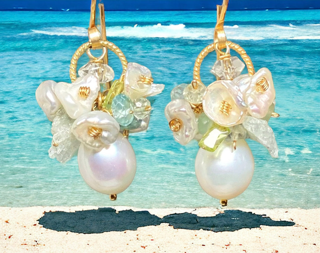 Ivory Baroque Pearl Earrings Clusters of Aquamarine, Peridot, Herkimer Diamond Quartz
