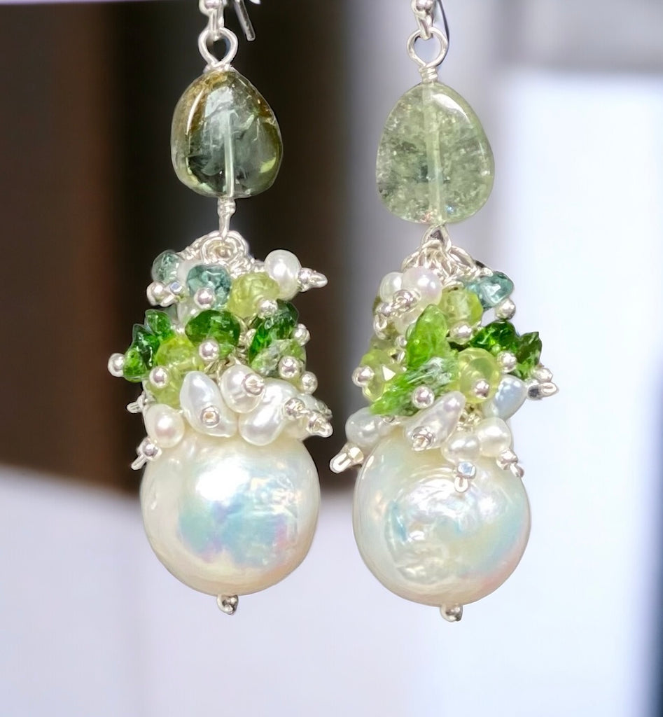 Baroque Edison Pearl and Green Gemstone and Tourmaline Cluster Earrings