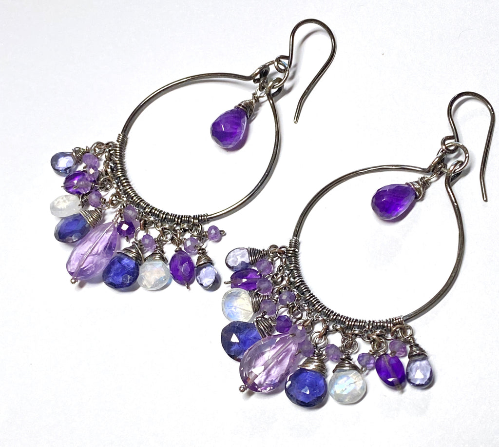 Blue Purple Gemstone Chandelier Hoop Earrings Oxidized Silver 3