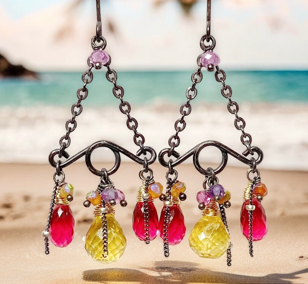 Pink, Fuchsia, Citrine Gemstone Handmade Chandelier Earrings Mixed Metal Oxidized Silver