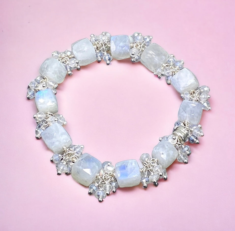Rainbow Moonstone Bridal Bracelet Mystic Crystal Cluster Sterling Silver