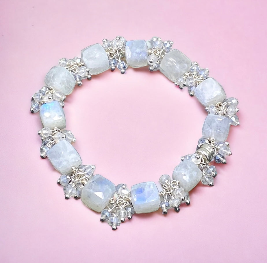 Rainbow Moonstone Bracelet Mystic Crystal Cluster Sterling Silver