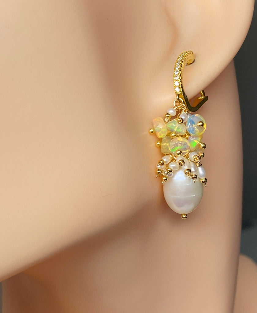 Pearl and Opal Cluster Earrings Gold