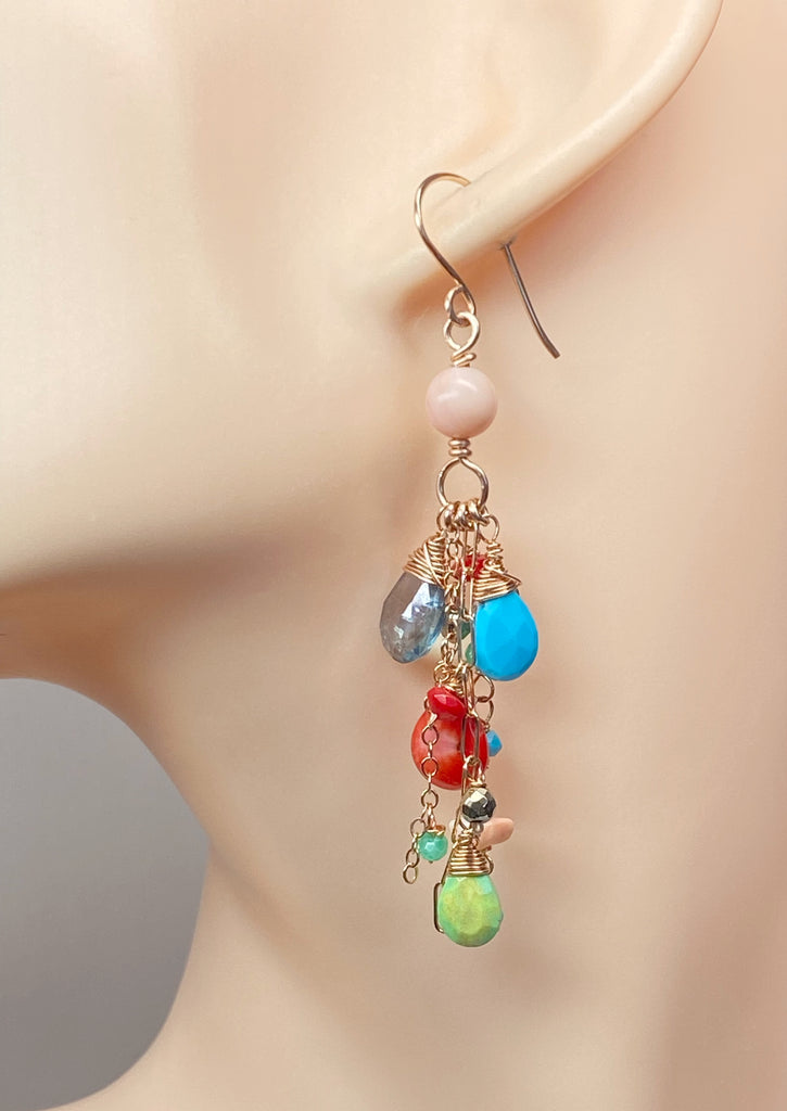 Turquoise Red Coral Rose Gold Long Boho Dangle Earrings
